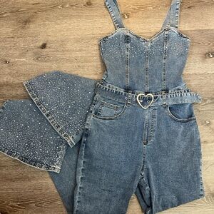 Fashion Nova Blue Denim Jumpsuit with Rhinestones